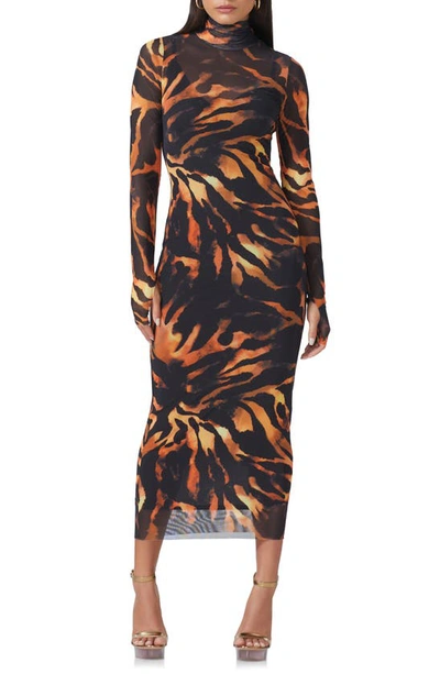 Afrm Shailene Turtleneck Long Sleeve Mesh Dress In Caramel Zebra