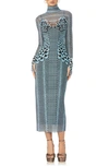 Afrm Shailene Turtleneck Long Sleeve Mesh Dress In Aqua Petals