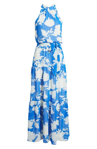 Julia Jordan Floral Mock Neck Tiered Maxi Dress In Blue