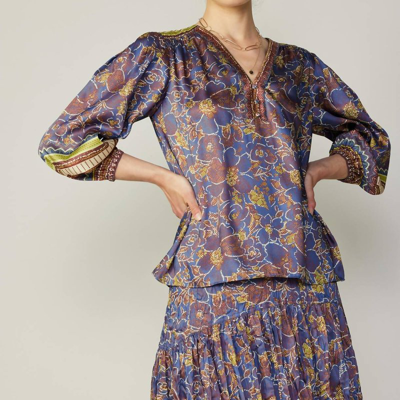 Current Air Border Print Paisley Top In Blue/brown/multi