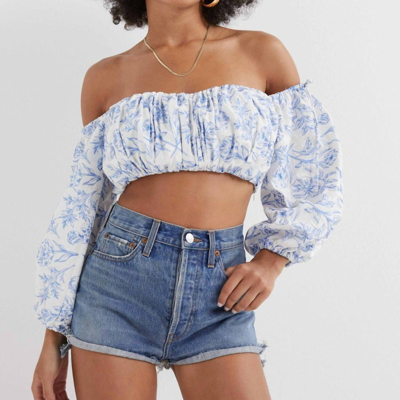 For Love & Lemons Maisie Cropped Floral-print Top In Blue
