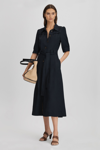 REISS MALIKA - NAVY BELTED CAP SLEEVE MIDI DRESS, US 0