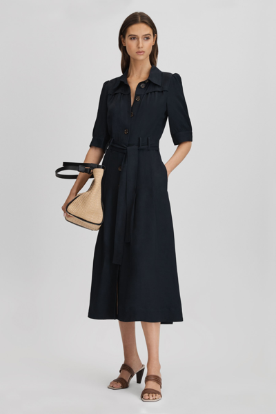 Reiss Malika Cap Sleeve Linen-blend Belted Midi Dress In Blue