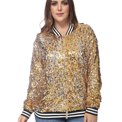 Anna-kaci Plus Size Sequin Bomber Jacket In Gold
