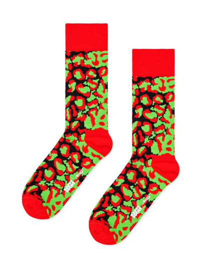Happy Socks Men's  X Awake Ny Leopard Crew Socks In Red Green
