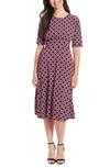 London Times Geo Print Elbow Sleeve Fit & Flare Dress In Black/ Pink