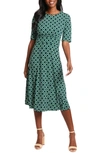 London Times Geo Print Elbow Sleeve Fit & Flare Dress In Green/ Navy