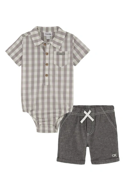 Calvin Klein Baby Boys Woven Check Short Sleeve Poplin Bodysuit And Chambray Shorts, 2 Piece Set In Gray
