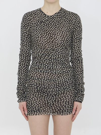 Saint Laurent Polka-dot Ruched Tulle Minidress In Noir Craie