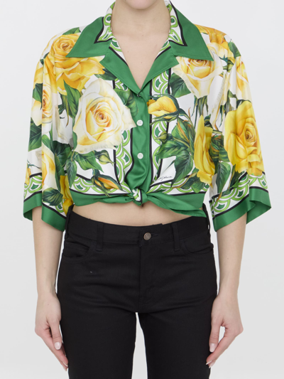 Dolce & Gabbana Rose-print Cropped Silk Shirt In Multicolor