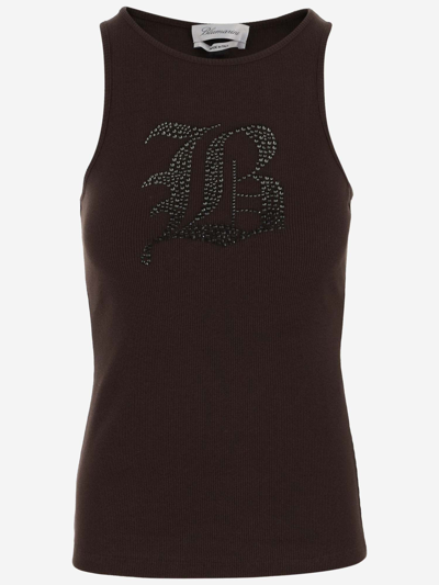 Blumarine Stretch Cotton Tank Top With Logo In Brown