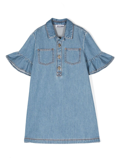 Moschino Kids' Rhinestone-embellished Denim Dress In Denim Chiaro
