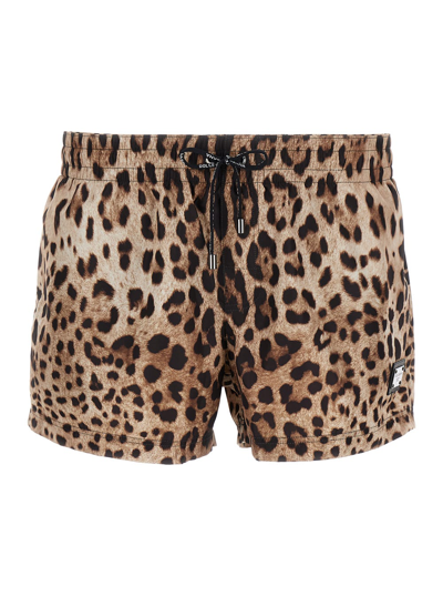 DOLCE & GABBANA BROWN ALL-OVER LEOPARD PRINT SHORTS SWIMSUIT IN TECHNICAL FABRIC MAN