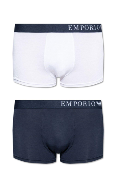 Emporio Armani Two-pack Logo-waistband Boxers In Marine/bianco