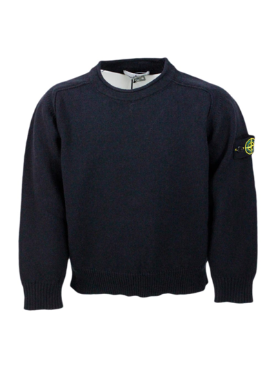 Stone Island Kids' Maglia In Cotone A Girocollo A Manica Luinga Con Cuciture In Rilievo Con Logo Applicato Sulla Manica In Blu