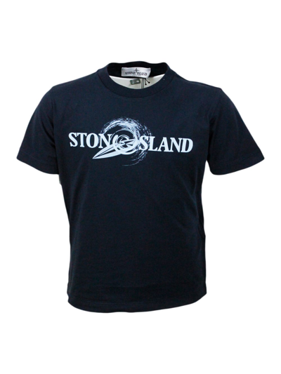 Stone Island Kids' Crew-neck Short-sleeved Cotton T-shirt With Rubberized Logo On The Front In Blu