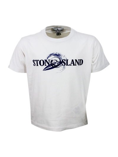 Stone Island Kids' Crew-neck Short-sleeved Cotton T-shirt With Rubberized Logo On The Front In White