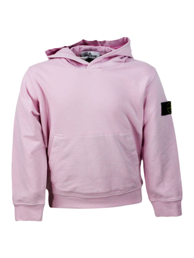 Stone Island Kids' Cotton Sweatshirt With Hood, Kangaroo Pockets And Logo On The Sleeve In Pink