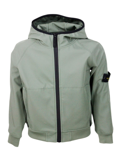 Stone Island Kids' Jacket In Water Resistant Technical Fabric With Hood And Zip Closure. Logo Applied On The Sleeve In Military