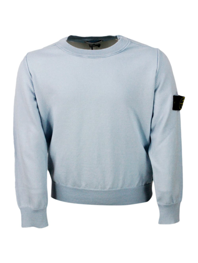 Stone Island Kids' Crew-neck, Long-sleeved Cotton Sweater With Raised Stitching In Light Blu