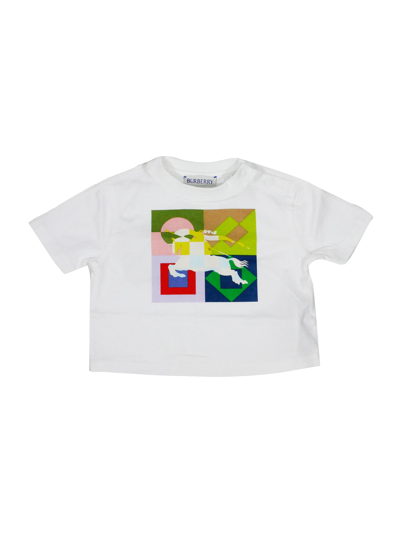 Burberry Kids' Short-sleeved Crew-neck T-shirt In Soft Cotton With An Equestrian Knight Print On A Geometric Patter In White