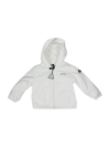 Moncler Evanthe Baby Windproof Jacket With Hood And Zip Closure And Silver Logo Writing On The Chest. In White