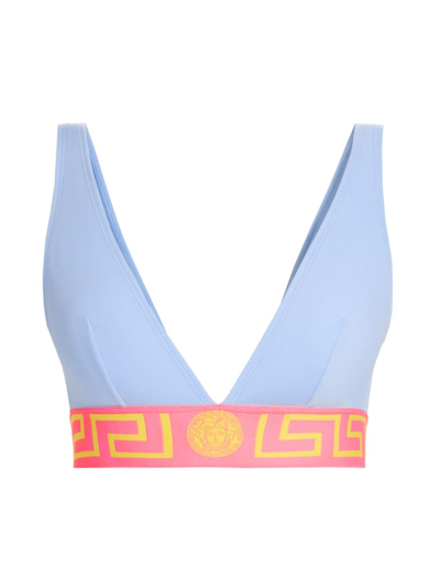 Versace Greca Border Triangle Bikini Top In Blue Pastel Pink Pale Yellow