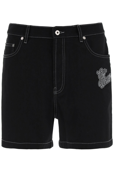 Off-white Embroidered-logo Denim Shorts In Black