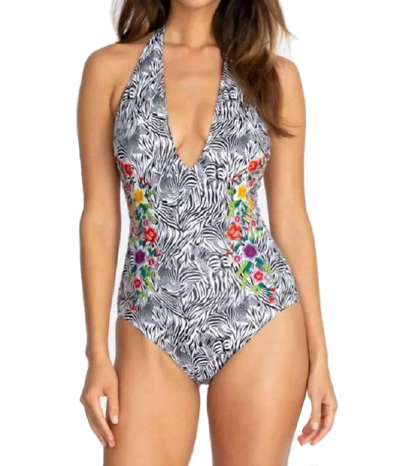 Johnny Was Spring Halter Embroidered One-piece Swimsuit In Multi