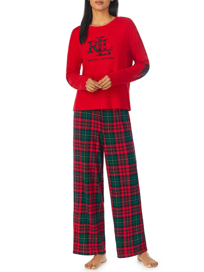 Lauren Ralph Lauren Crew Neck Knit Pajama Set In Red Plaid