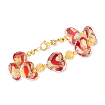 Ross-simons Italian Murano Glass Heart Bracelet In 18kt Gold Over Sterling In Pink