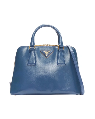 Prada Promenade Vernice Saffiano Blue Leather Triangle Logo Top Handle Tote Bag