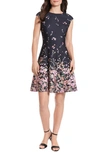 London Times Floral Cap Sleeve Fit & Flare Dress In Navy/ Pink