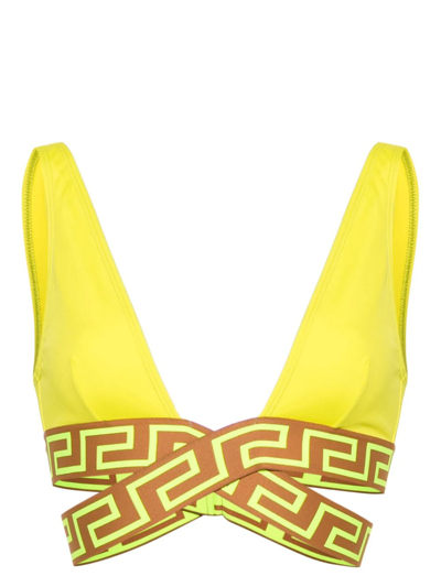 Versace Top Bikini Con Bordo Greca In Yellow