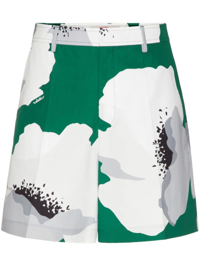 Valentino Cotton Bermuda Shorts With Flower Portrait Print In エメラルド/ホワイト