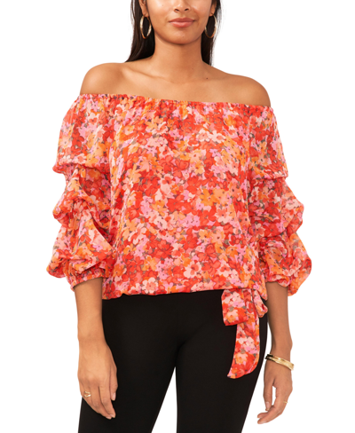 Vince Camuto Women's Floral Off The Shoulder Bubble Sleeve Tie Front Blouse In Tulip Red
