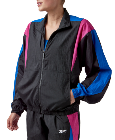 Reebok Women's Back Vector Colorblocked Track Jacket In Black,semi Proud Pink