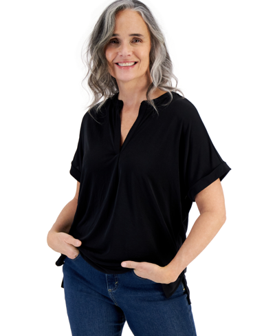 Style & Co Women's Split-neck Short Sleeve Knit Shirt, Created For Macy's In Deep Black