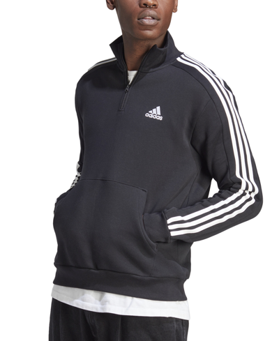 Adidas Originals Men's Essentials Fleece 3-stripes Quarter-zip Sweatshirt In Black,wht