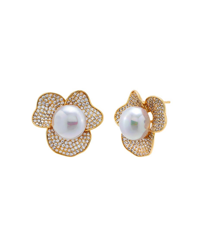 By Adina Eden Pave Three Petal Imitation Pearl Stud Earring In Gold