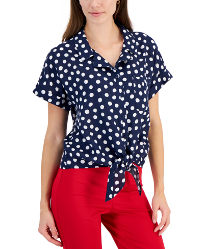 Charter Club Women's 100% Linen Carrie Dot-print Tie-front Shirt, Created For Macy's In Intrepid Blue Combo