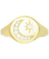 Macy's Cubic Zirconia Crescent Moon & Star Signet Ring In 14k Gold-plated Sterling Silver In Gold