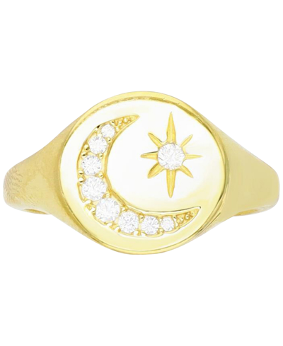 Macy's Cubic Zirconia Crescent Moon & Star Signet Ring In 14k Gold-plated Sterling Silver