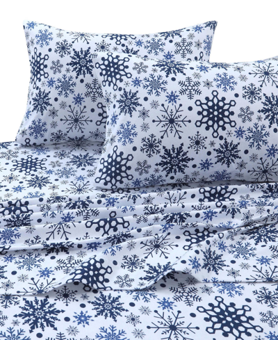Tribeca Living Cotton Flannel 4-pc Extra Deep Pocket Sheet Set, Queen In Blue Snowflakes