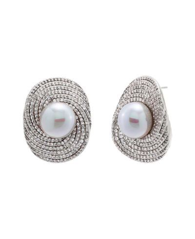 By Adina Eden Pave Twisted Imitation Pearl On The Ear Stud Earring In Silver