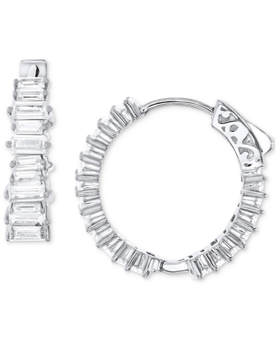 Macy's Cubic Zirconia Baguette Small Hoop Earrings In Sterling Silver, 0.79"