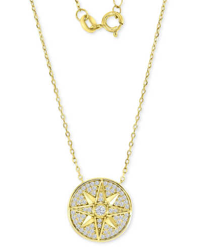 Macy's Cubic Zirconia Pave Compass Disc Pendant Necklace In 14k Gold-plated Sterling Silver, 16" + 2" Exten