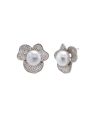 By Adina Eden Pave Three Petal Imitation Pearl Stud Earring In Silver