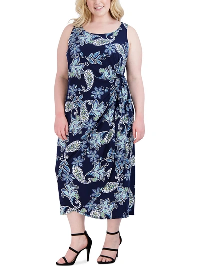 Signature By Robbie Bee Plus Womens Printed Side Tie Wrap Dress In Blue