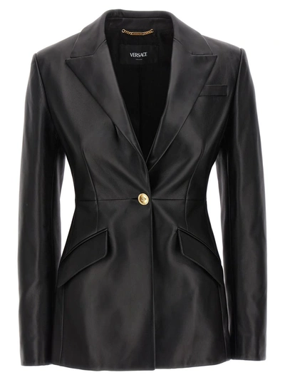 Versace Single-breasted Leather Blazer Jackets Black
